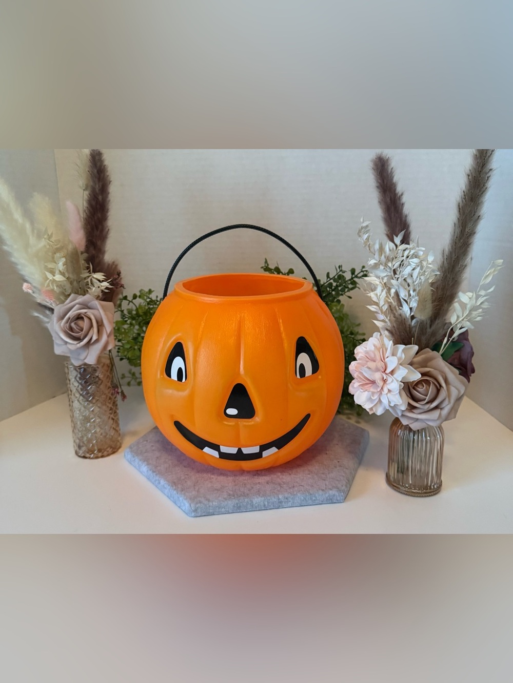 Plastic blow mold jack-o'-lantern Halloween candy bucket,